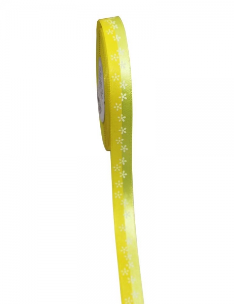 Satinband zweifarbig gelb mit Blumendruck 15mm breit, 20m